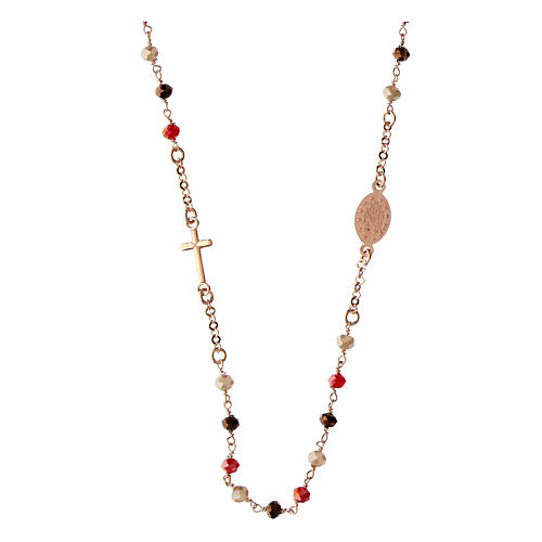 Rosary necklace with red and brown beads, rosé 925 silver, Agios 2