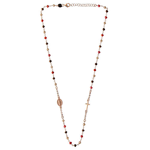 Rosary necklace with red and brown beads, rosé 925 silver, Agios 3