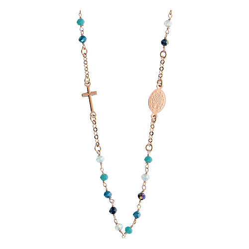 Agios necklace with blue beads and Miraculous Medal, rosé 925 silver 2