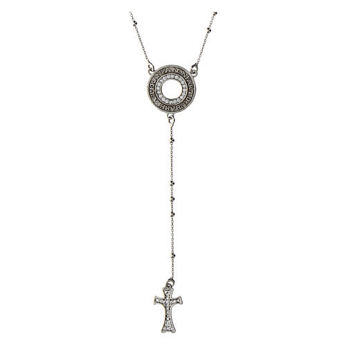 Agios rosary necklace, rhodium-plated 925 silver and white rhinestones 1