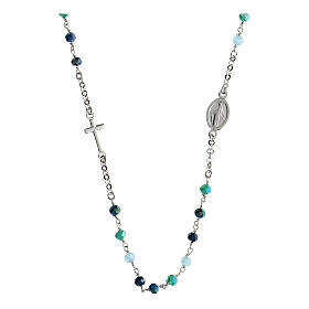 Agios necklace with blue and green beads and Miraculous Medal, 925 silver