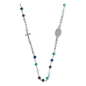 Agios necklace with blue and green beads and Miraculous Medal, 925 silver