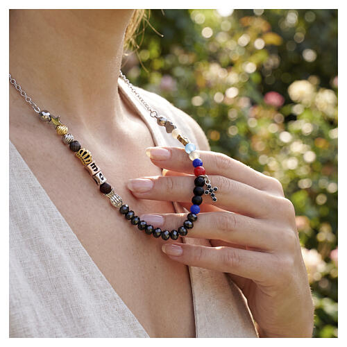 Collana Iesus croce Benedictus argento 925 zirconi blu 2