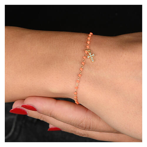 Pulseira Benedictus dourada contas esmalte laranja prata 925 zircões 2