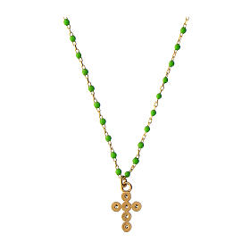 Kette von Agios, Kreuz-Anhänger, grün emaillierte Perlen, 925er Silber, vergoldet