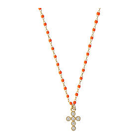 Kette von Agios, Kreuz-Anhänger, orangefarbene emaillierte Perlen, 925er Silber, vergoldet