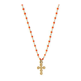 Kette von Agios, Kreuz-Anhänger, orangefarbene emaillierte Perlen, 925er Silber, vergoldet