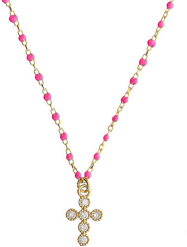 Agios necklace with fuchsia enamel beads and white rhinestones 1