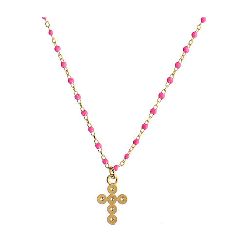 Collier Agios doré grains émail fuchsia argent 925 2