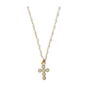 Kette von Agios, Kreuz-Anhänger, weiß emaillierte Perlen, 925er Silber, vergoldet