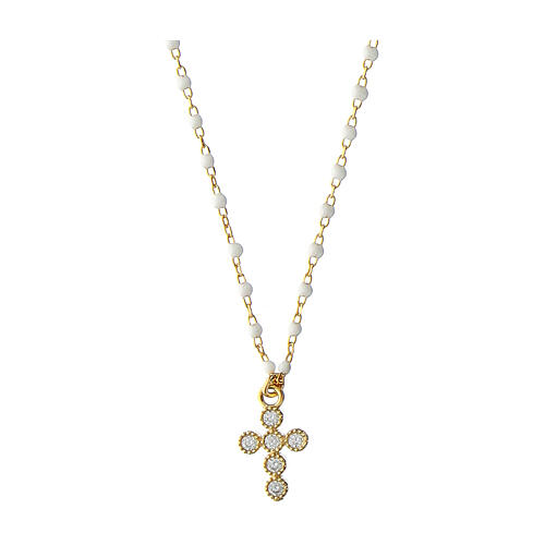 Kette von Agios, Kreuz-Anhänger, weiß emaillierte Perlen, 925er Silber, vergoldet 1