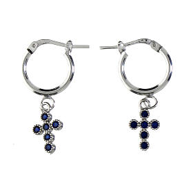 Agios huggie earrings with cross of blue rhinestones, rhodium-plated 925 silver