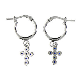 Agios huggie earrings with cross of blue rhinestones, rhodium-plated 925 silver