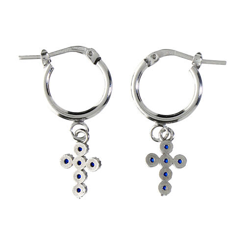 Agios huggie earrings with cross of blue rhinestones, rhodium-plated 925 silver 2