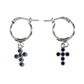 Agios cross hoop earrings with rhodium-plated blue zircons, 925 silver