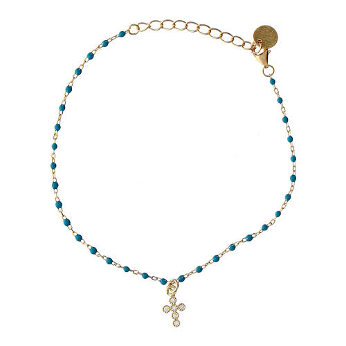 Bracelet Agios doré grains émail turquoise croix zircons blancs 1