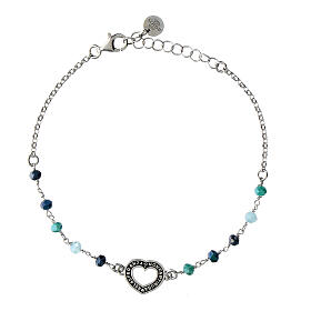 Agios bracelet, blue beads and burnished heart, 925 silver