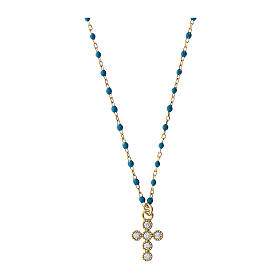 Gold-plated cross necklace turquoise micro-enamels Agios zircons