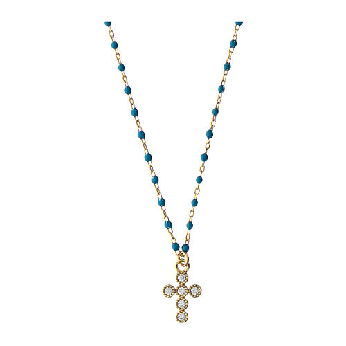 Gold-plated cross necklace turquoise micro-enamels Agios zircons 1
