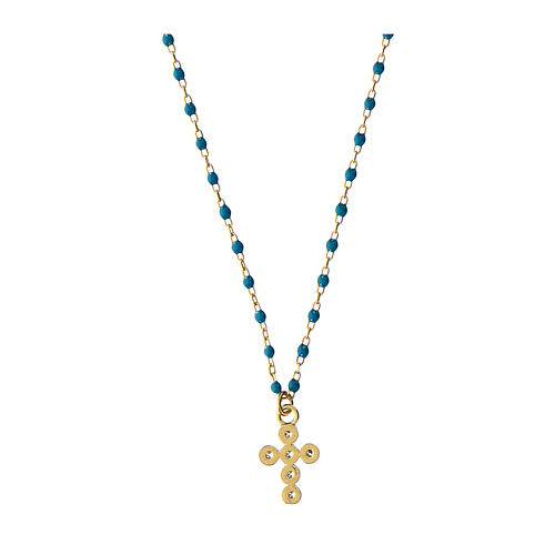 Gold-plated cross necklace turquoise micro-enamels Agios zircons 2