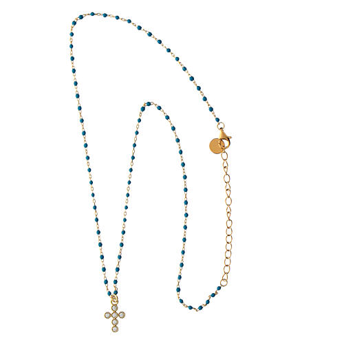 Gold-plated cross necklace turquoise micro-enamels Agios zircons 3