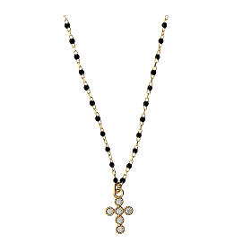 Kette von Agios, Kreuz-Anhänger, schwarz emaillierte Perlen, 925er Silber, vergoldet
