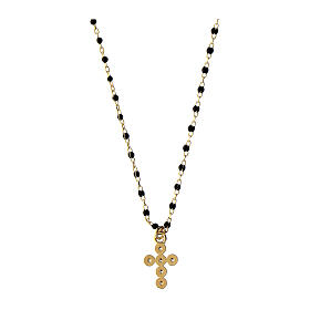 Kette von Agios, Kreuz-Anhänger, schwarz emaillierte Perlen, 925er Silber, vergoldet