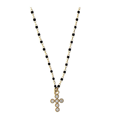 Kette von Agios, Kreuz-Anhänger, schwarz emaillierte Perlen, 925er Silber, vergoldet 1