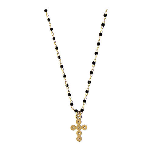 Kette von Agios, Kreuz-Anhänger, schwarz emaillierte Perlen, 925er Silber, vergoldet 2
