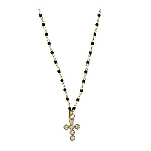 Kette von Agios, Kreuz-Anhänger, schwarz emaillierte Perlen, 925er Silber, vergoldet 1
