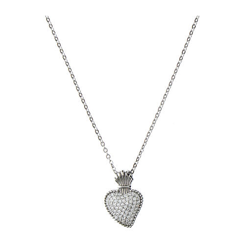 Rhodium-plated sacred heart necklace Agios white zircons 925 silver 1