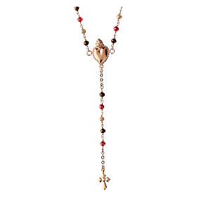 Agios rosary with Sacred Heart of rosé 925 silver, red and brown beads