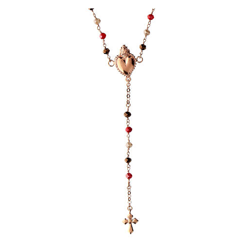 Agios rosary with Sacred Heart of rosé 925 silver, red and brown beads 1