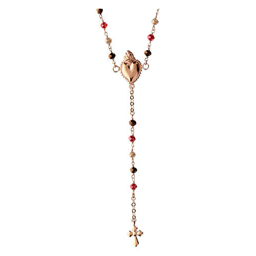 Agios rosary with Sacred Heart of rosé 925 silver, red and brown beads 2