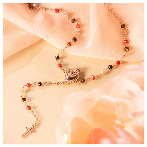 Rosary necklace sacred heart rose multi-orange Agios 925 silver 4
