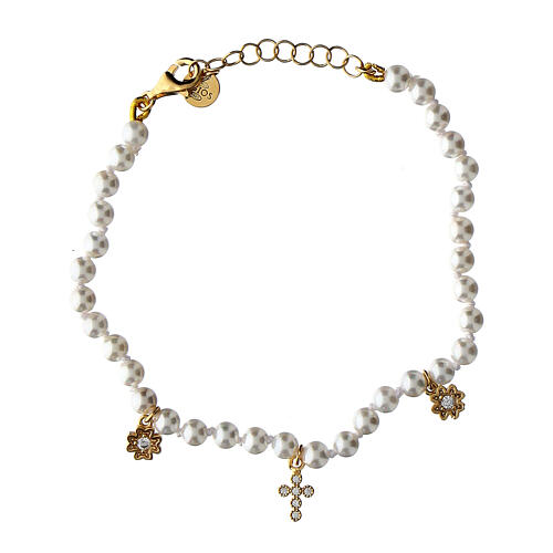 Armband von Agios, Kreuz-Anhänger, 925er Silber, vergoldet, weiße Perlen 1