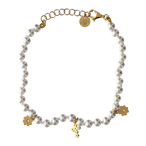 Armband von Agios, Kreuz-Anhänger, 925er Silber, vergoldet, weiße Perlen 2