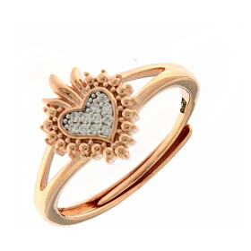 Agios Sacred Heart ring, rosé 925 silver with white rhinestones