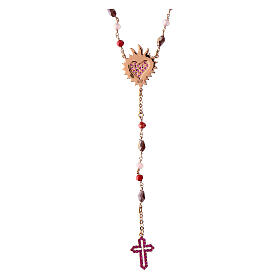 Agios rosary with Sacred Heart, red rhinestones and red and brown beads, rosé 925 silver