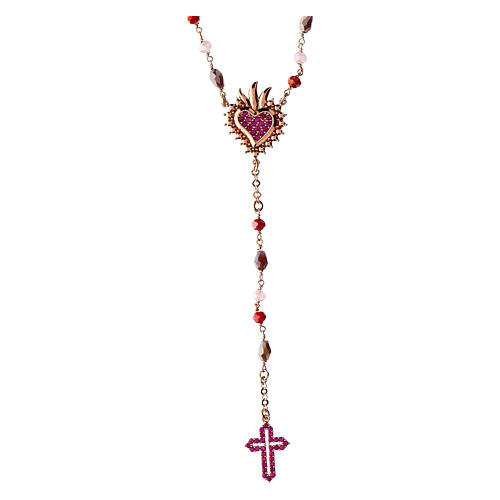 Agios rosary with Sacred Heart, red rhinestones and red and brown beads, rosé 925 silver 1
