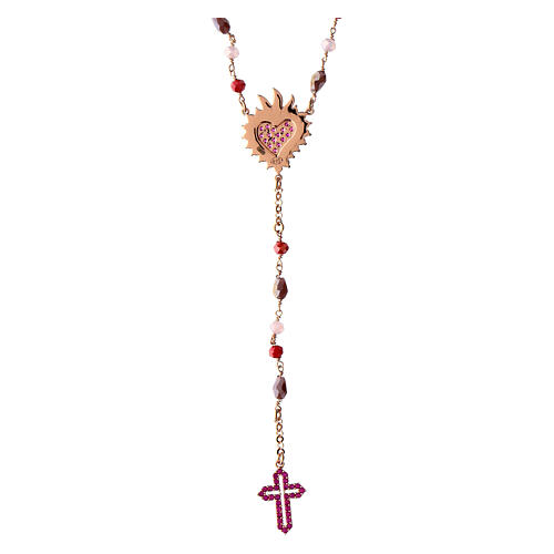 Agios rosary with Sacred Heart, red rhinestones and red and brown beads, rosé 925 silver 2