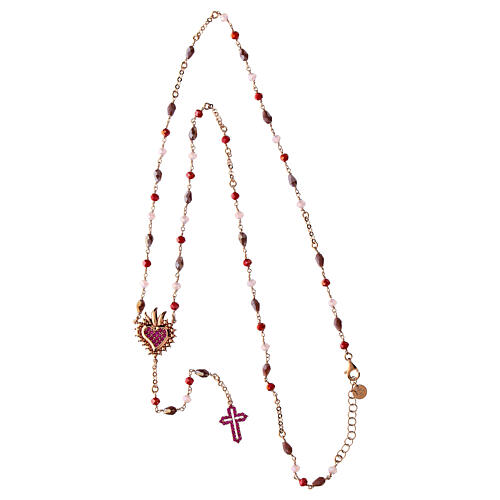 Agios rosary with Sacred Heart, red rhinestones and red and brown beads, rosé 925 silver 3