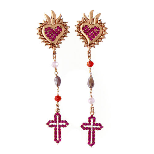 Pendants d'oreilles Sacré Coeur et croix zircons rubis Agios 1