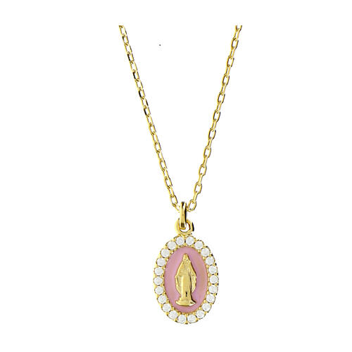 Amen necklace with Miraculous medal on pearly pink enamel, 925 silver 1