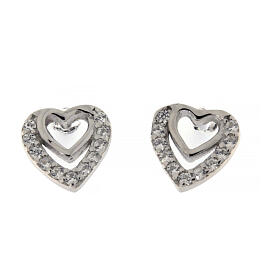 Amen earrings with concentric hearts, 925 silver and white rhinestones