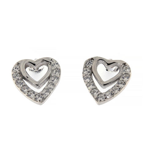 Amen earrings with concentric hearts, 925 silver and white rhinestones 1