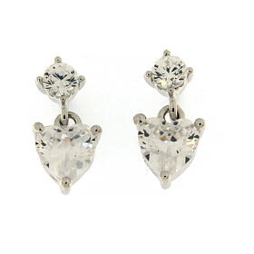 Amen stud earrings with heart-shaped pendant, 925 silver and rhinestones