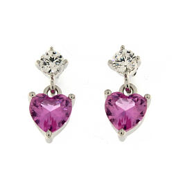 Amen stud earrings with pink heart-shaped pendant, 925 silver and rhinestones