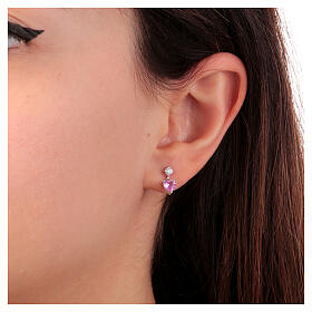 Amen stud earrings with pink heart-shaped pendant, 925 silver and rhinestones