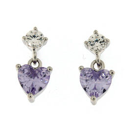 Amen stud earrings with lavander heart-shaped pendant, 925 silver and rhinestones